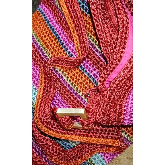 Liz Claiborne - Red & Pink Multi-Color Stripe Crochet Shoulder Bag, Boho Purse - Picture 6 of 11